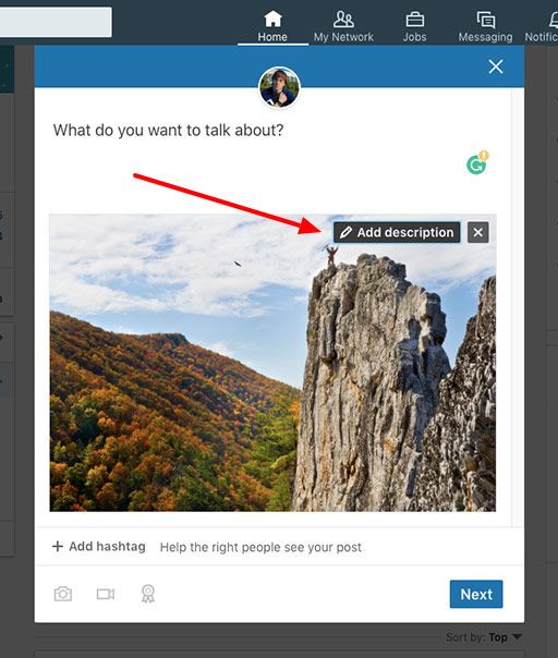 The add description button enables users to add alt text to images on LinkedIn.